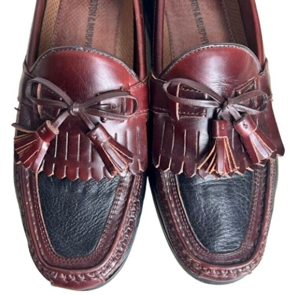 Johnston Murphy Mens Shoes 10 Black Brown Two Tone Leather Loafers Slip On Nice! - Picture 2 of 12